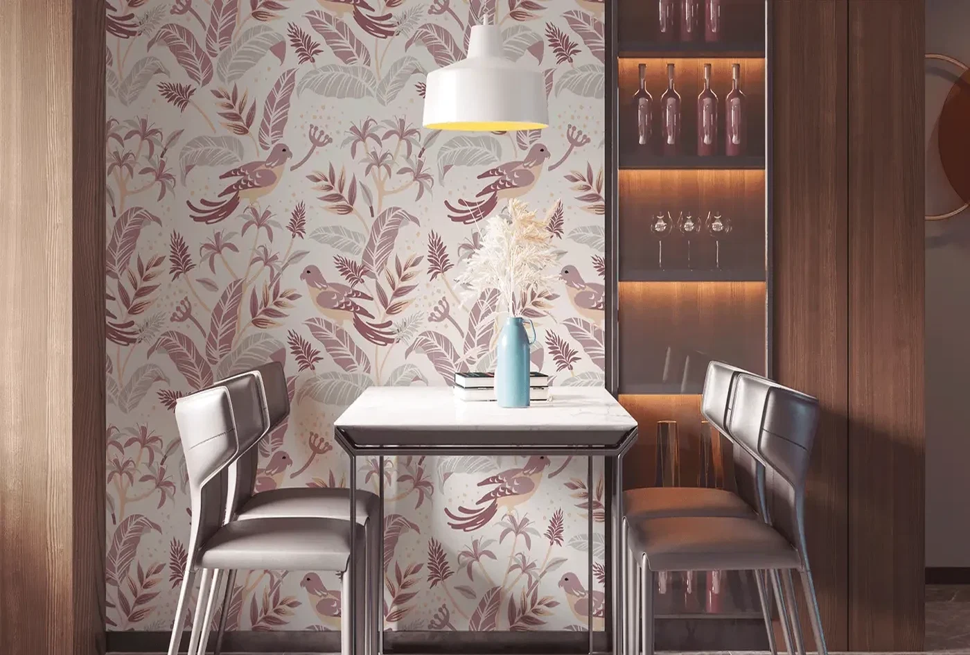 Sala de jantar sofisticada com papel de parede botânico escuro